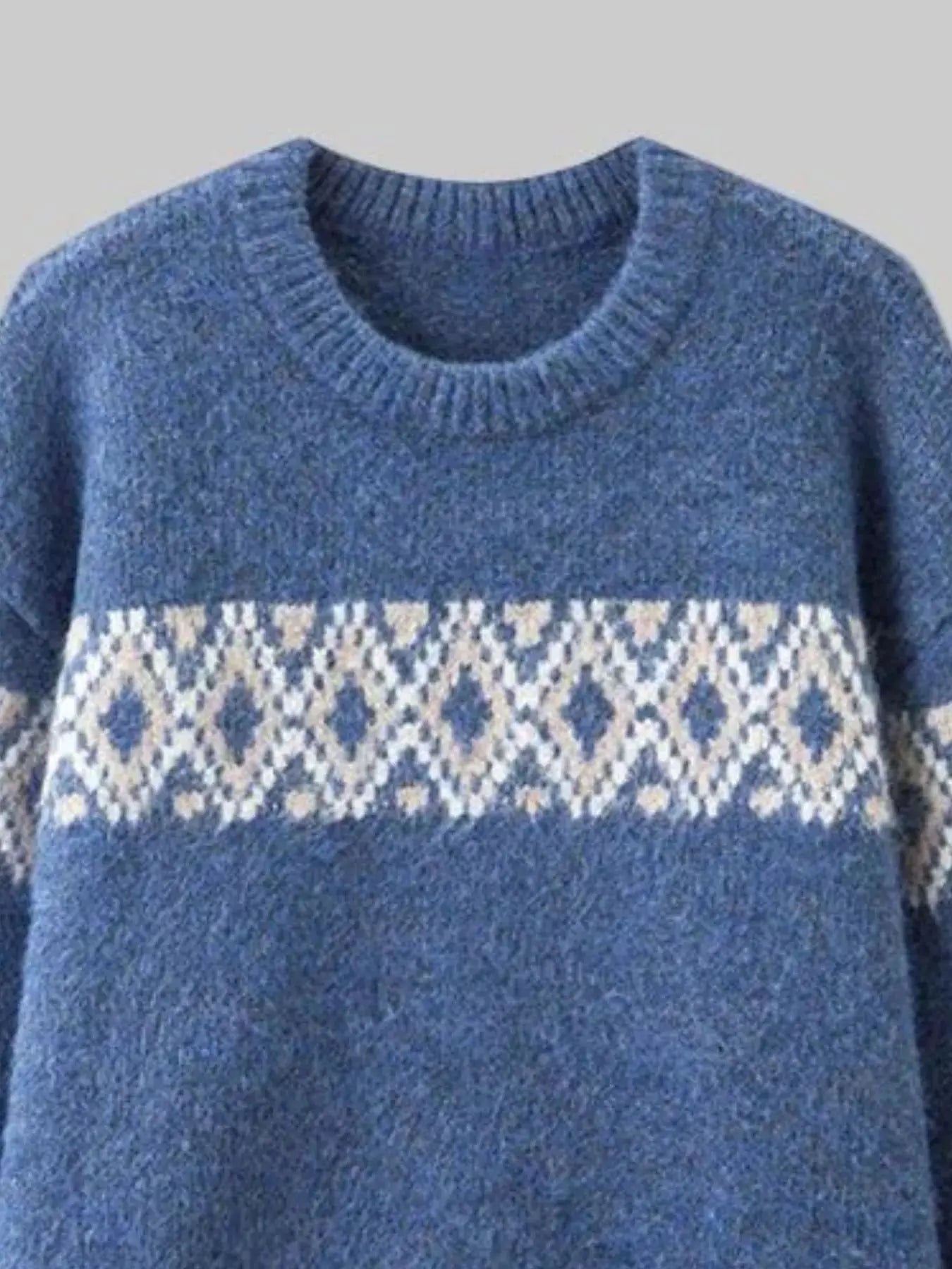 Full Size Vintage Patterned Round Neck Sweater Plus Size Simply Love