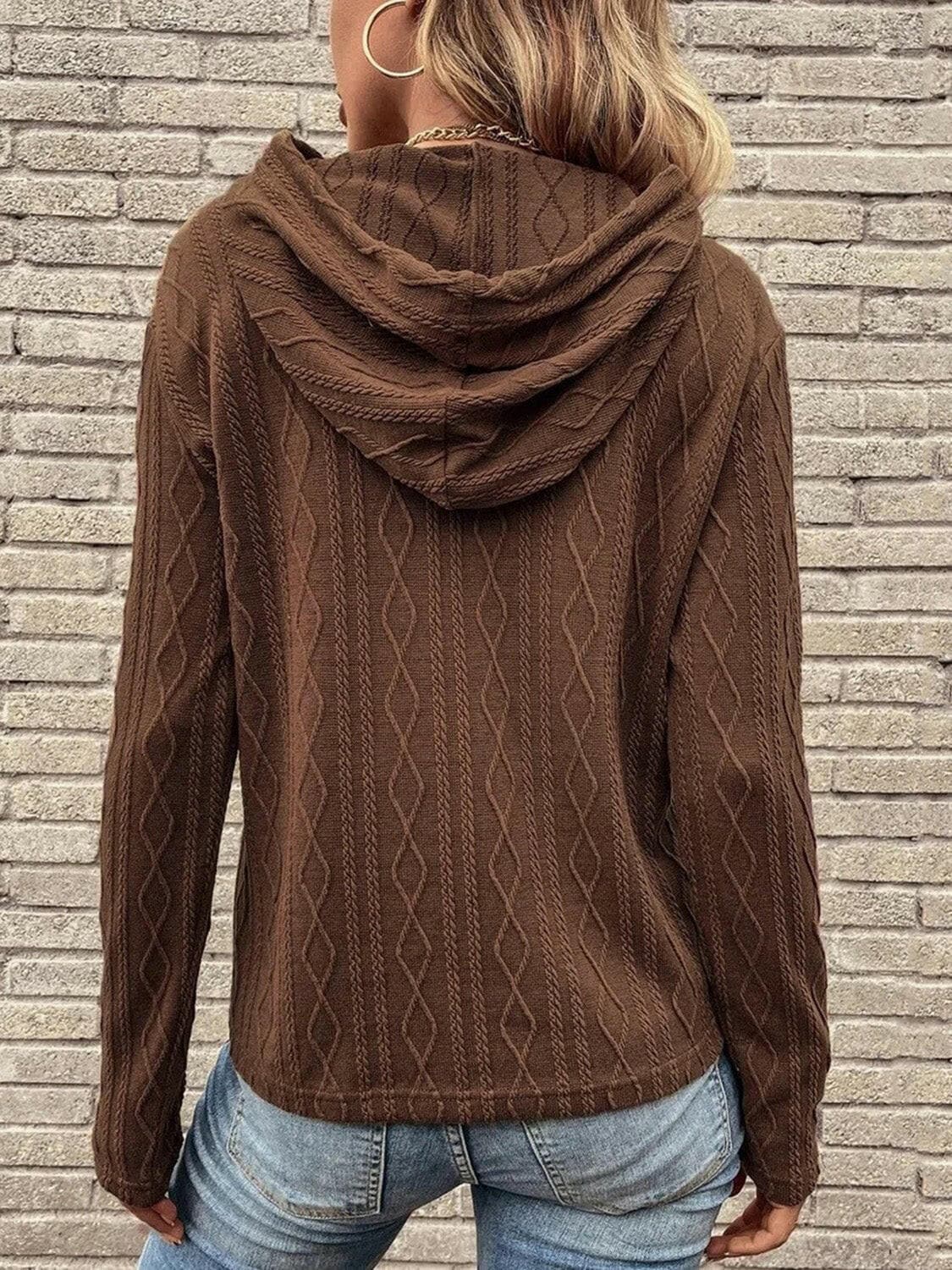 Cable-Knit Drawstring Hooded Knit Top.