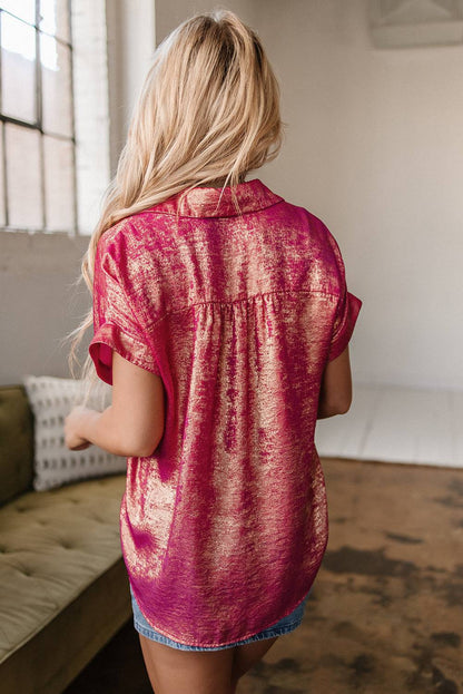 Rose Red Metallic Sheen Short Sleeve Buttoned Front Shirt