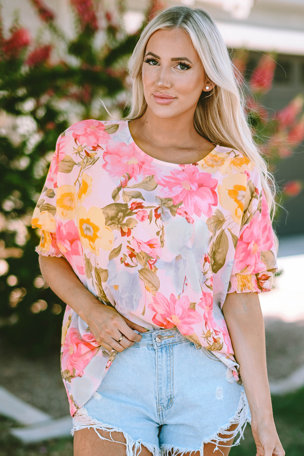 Floral Round Neck Three-Quarter Sleeve Top Coco’s Tee Boutique
