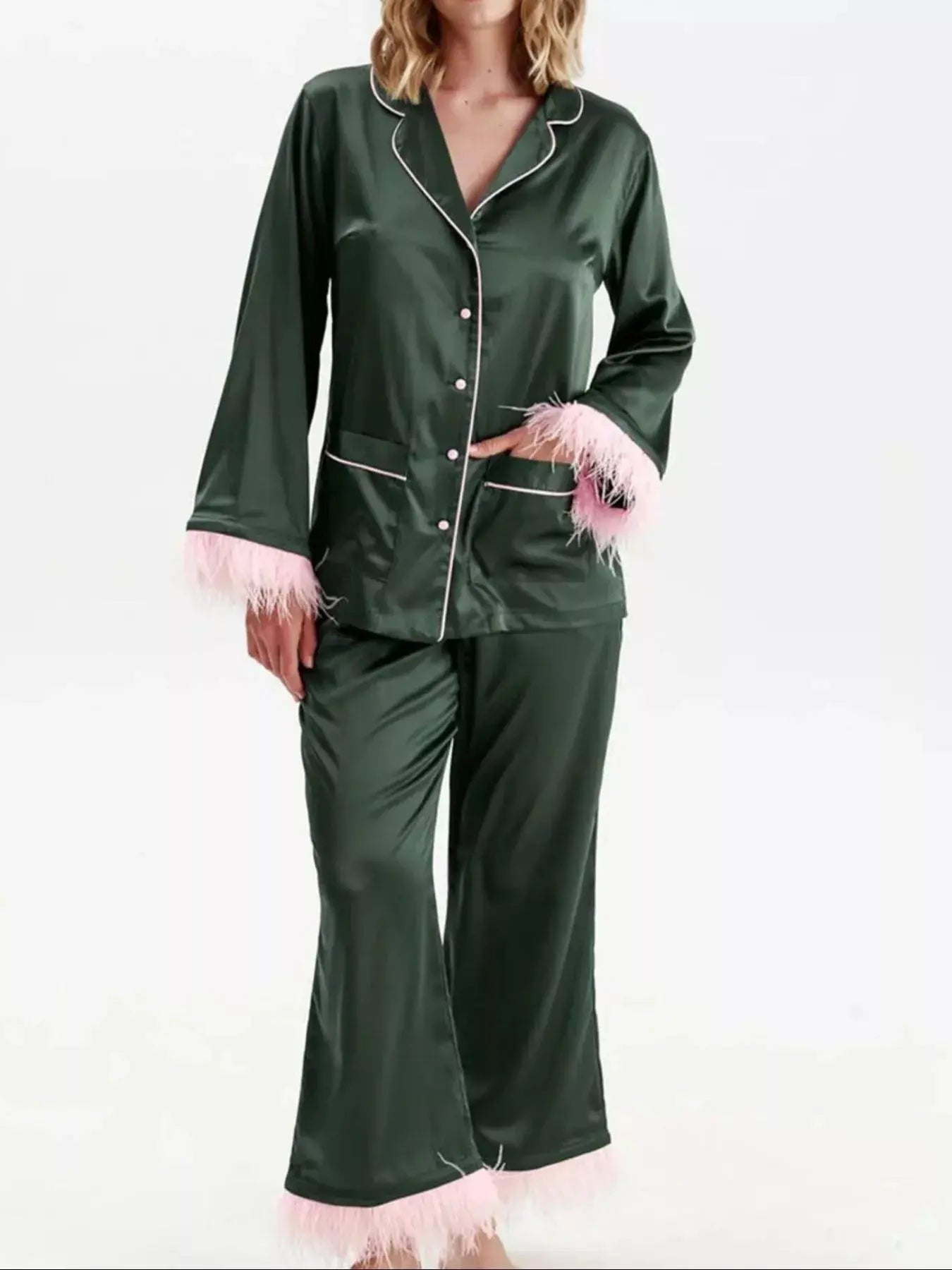 Silky Button Up Top and Pants Lounge Set Simply Love
