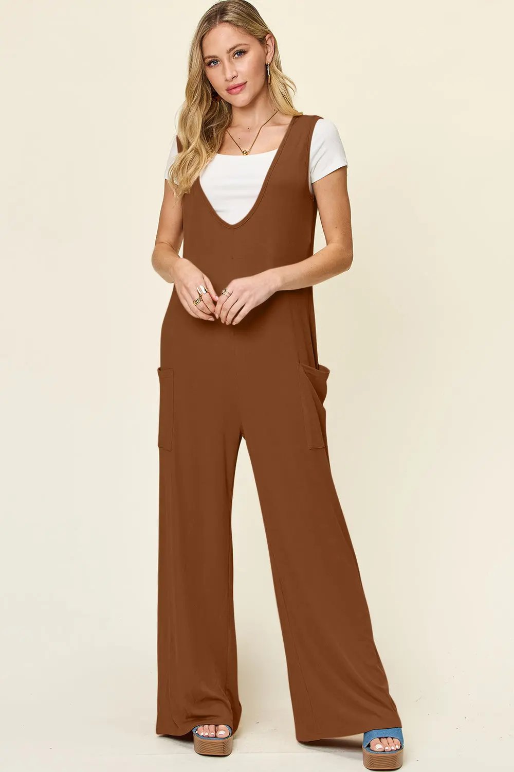 Double Take Full Size Sleeveless Wide Leg Jumpsuit with Pockets - Love Salve
