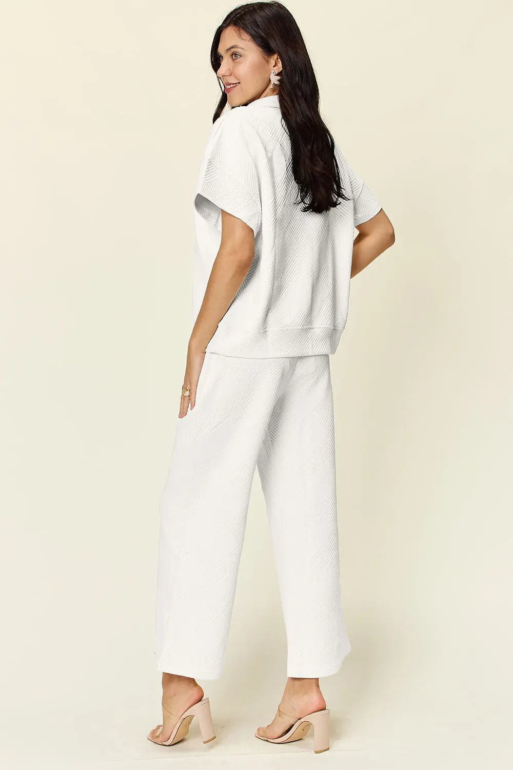 Double Take Full Size Texture Half Zip Short Sleeve Top and Pants Set - Love Salve