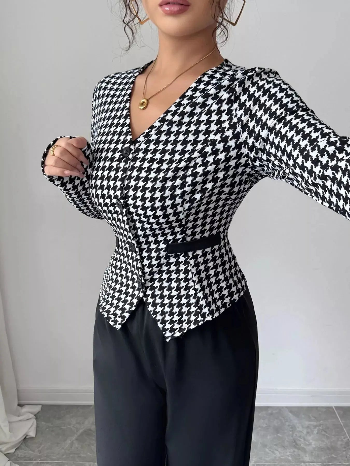 Houndstooth Blazer & Wide Leg Pants Set Simply Love