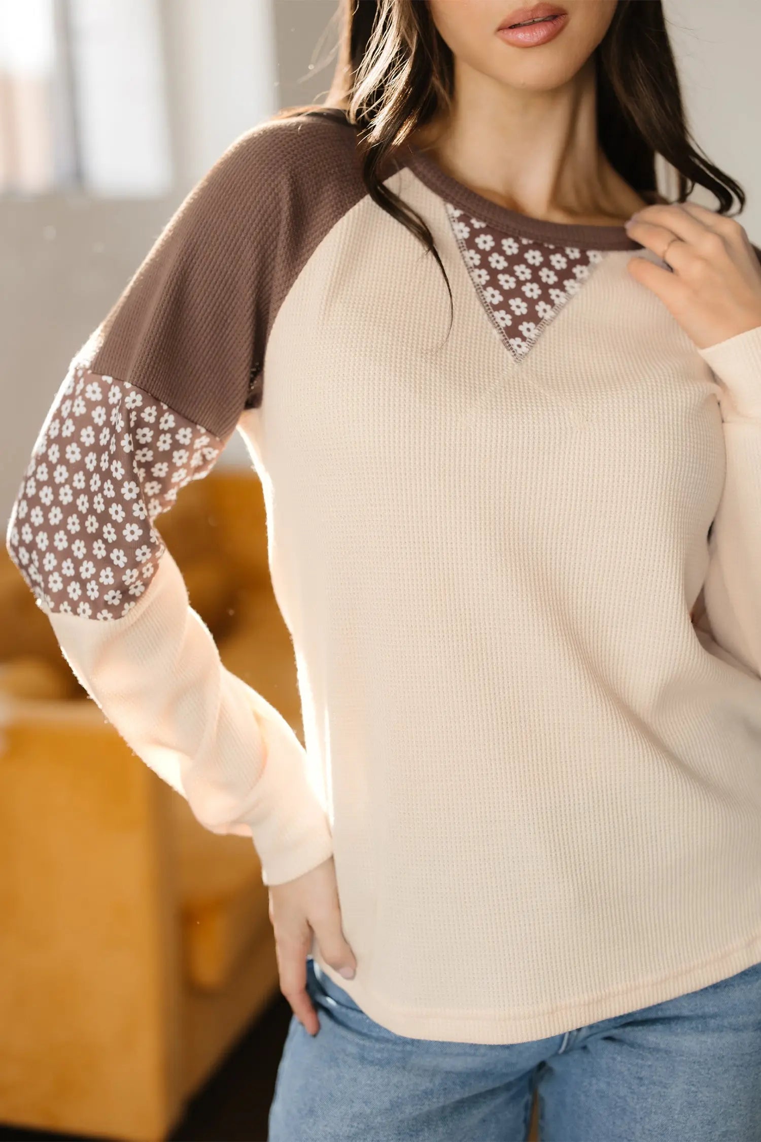 Dear-Lover Brown Floral Top Women's Fall Fashion Patchwork Long Sleeve Southern Belle Style Dear-Lover Dropshipping