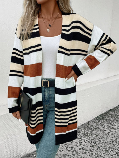 Striped Open Front Drop Shoulder Cardigan.