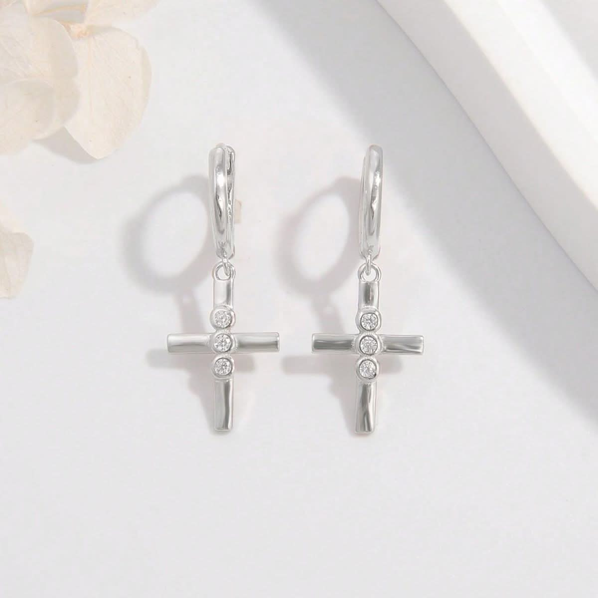 Elegant platinum-plated zircon cross earrings in sterling silver