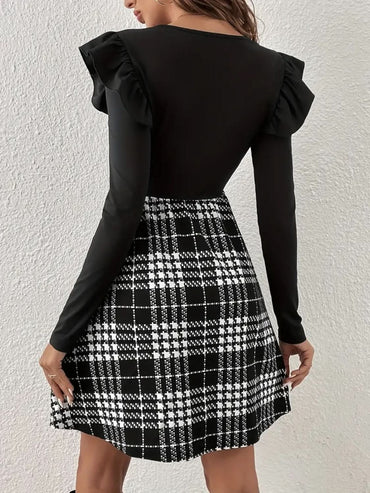 Ruffled plaid long sleeve dress with a round neck