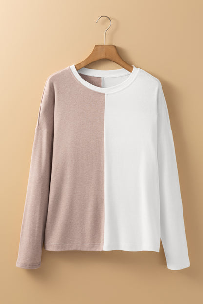 Khaki Colorblock Casual Long Sleeve Top