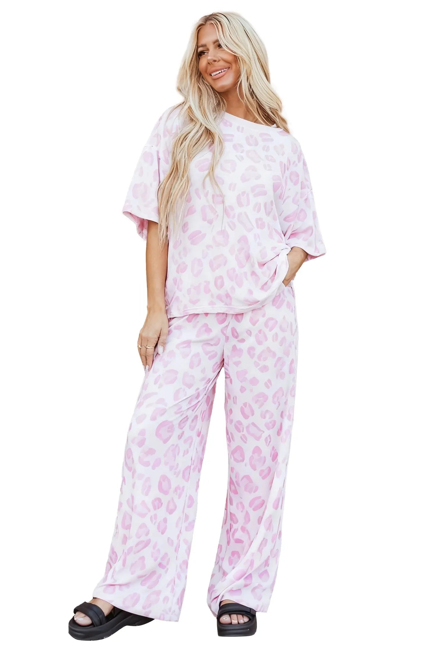 Pink Leopard Print Two Piece Top and Pants Set for Lounge Wear Dear-Lover Dropshipping