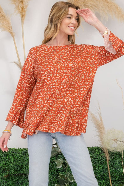 Celeste Full Size Floral Ruffle Detail Top.