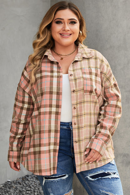 Chic pink plus size plaid long sleeve shirt with pocket detail