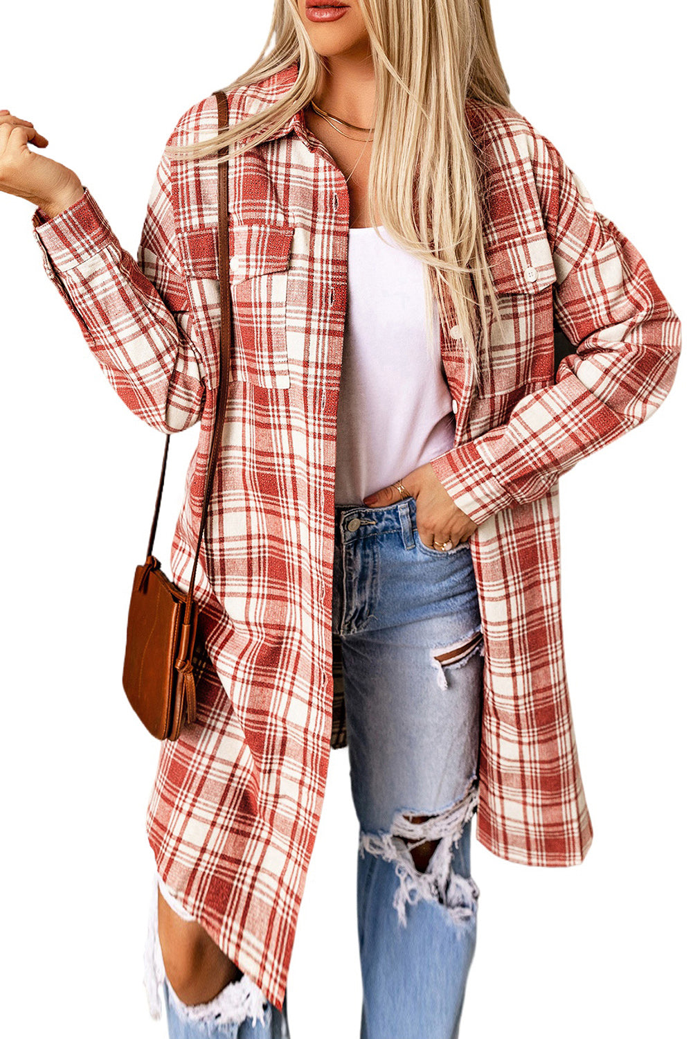 Chic plaid long shacket in fiery red