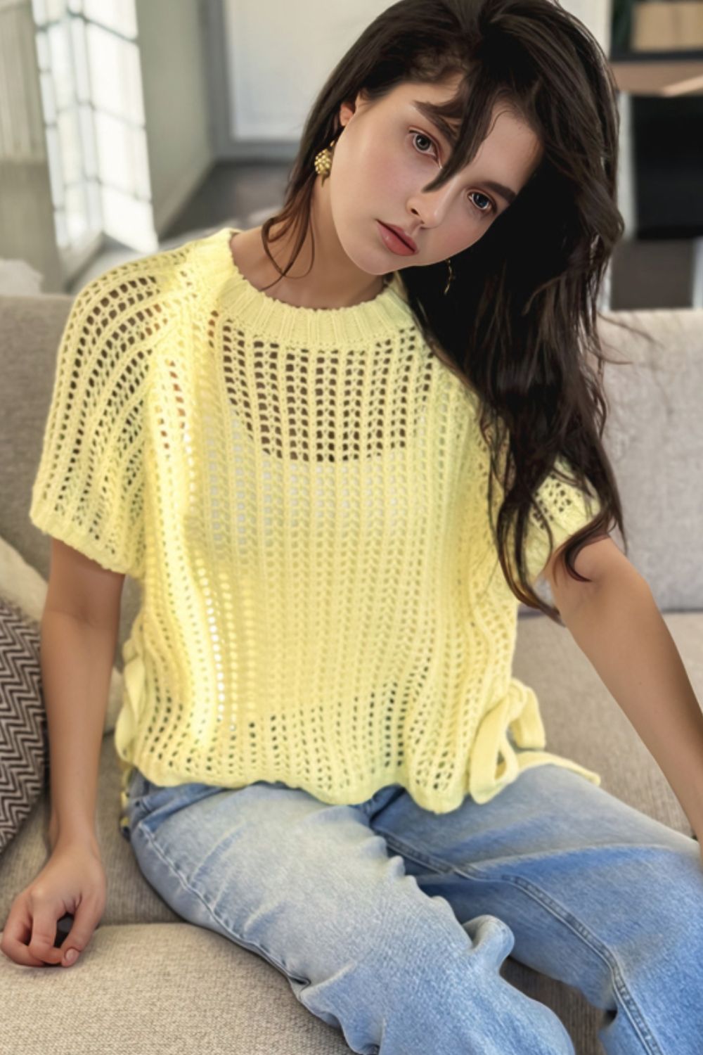 Hollow-out Crochet Side Tied Short Sleeve Knit Cover Up Simply Love