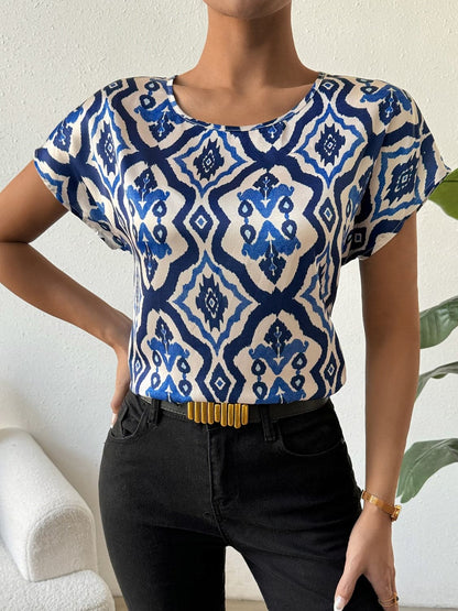 Printed Round Neck Short Sleeve Blouse.