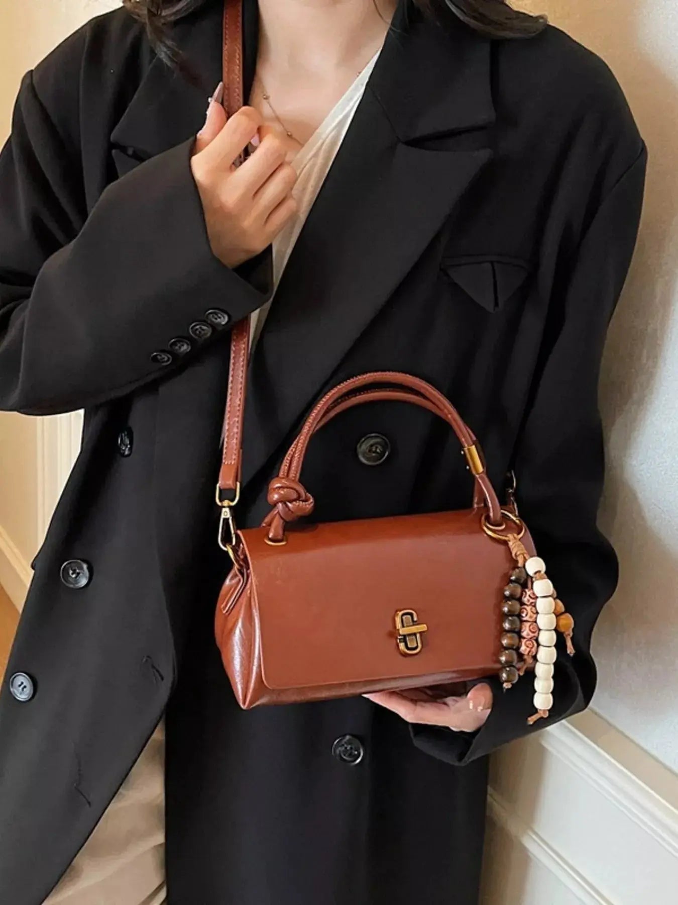 Leather Crossbody Bag with Bead Charm Simply Love