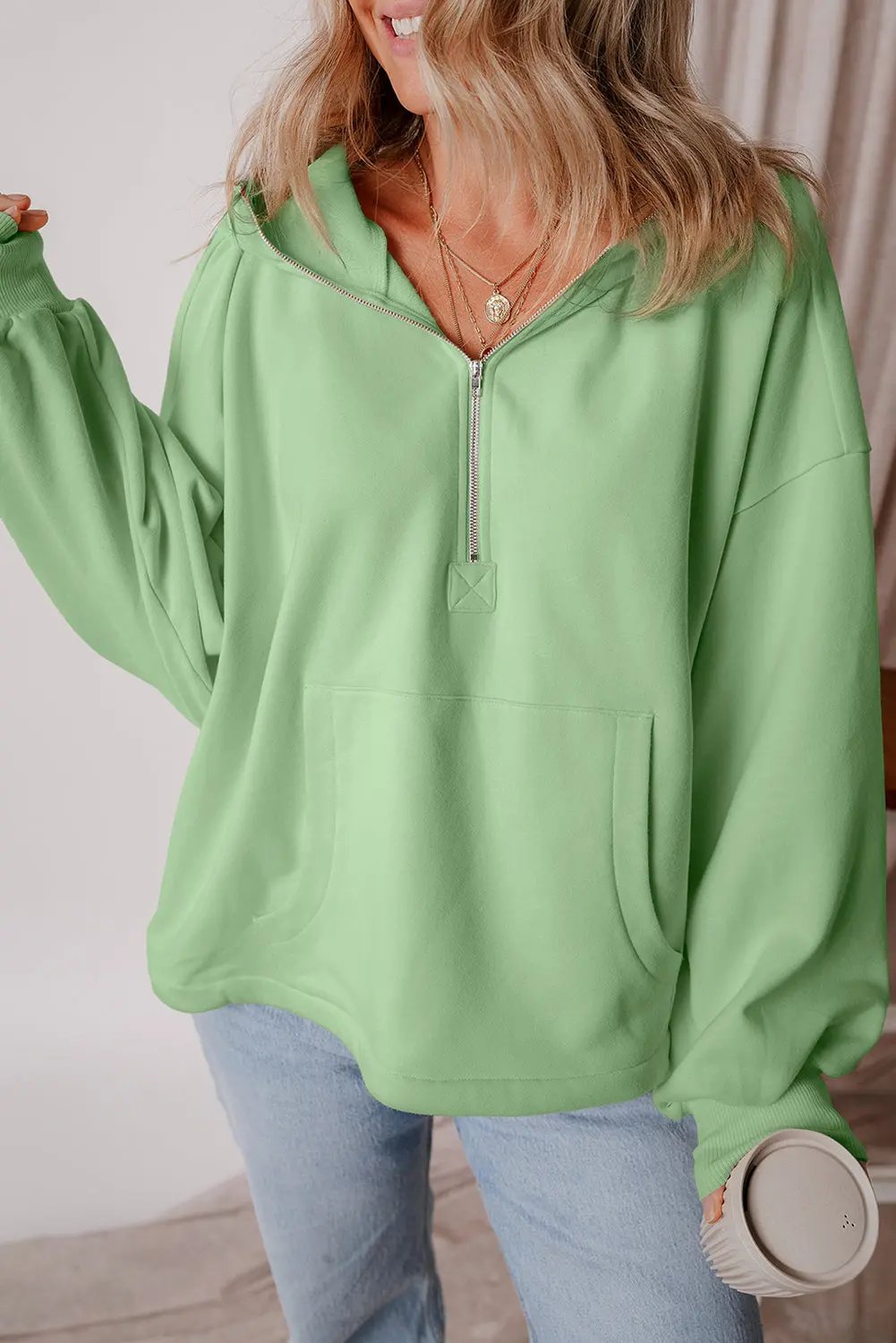Kate Fleece Lined Half Zipper Hoodie with Kangaroo Pockets - Love Salve 