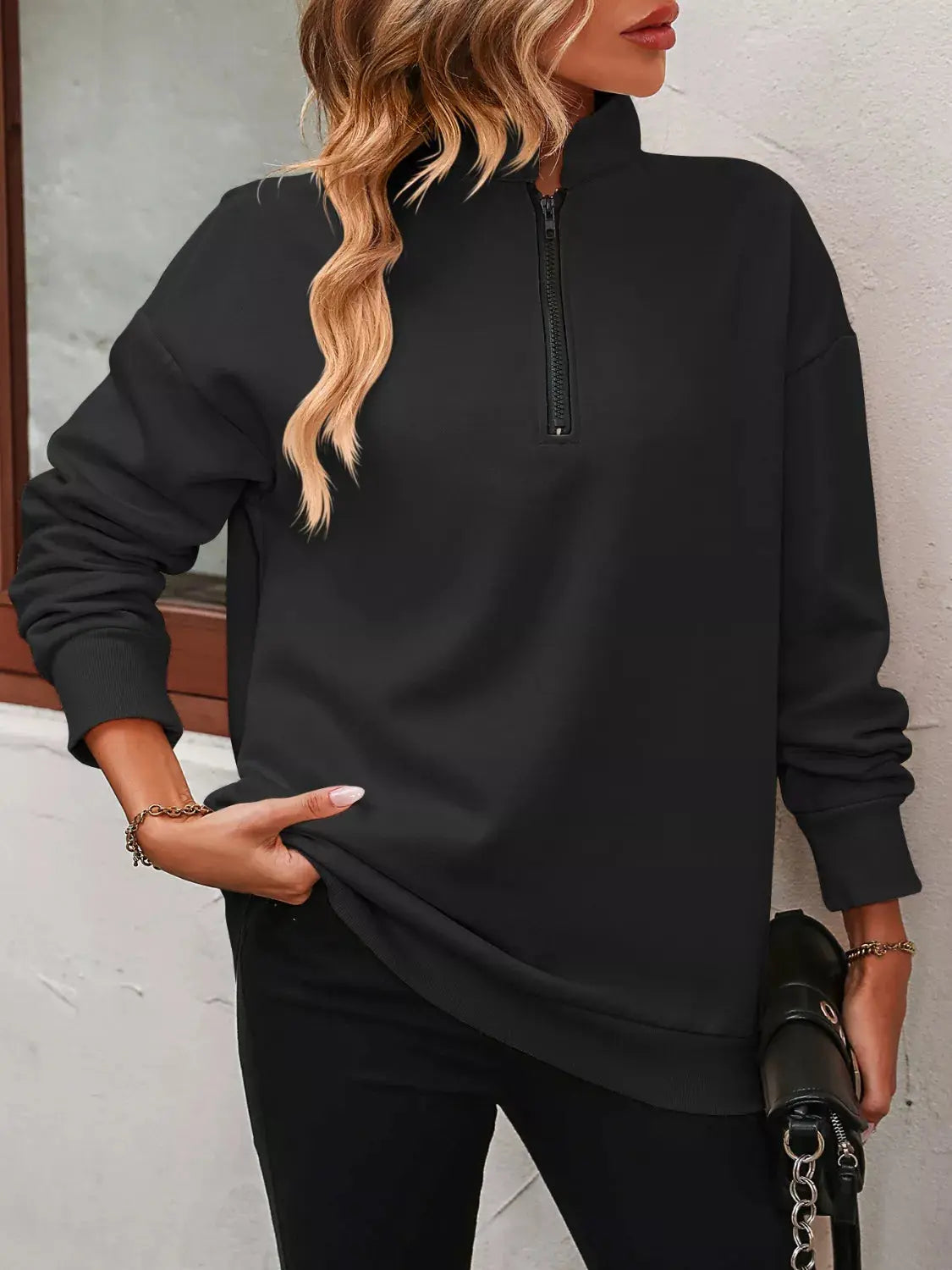 Quarter Zip Dropped Shoulder Sweatshirt Simply Love