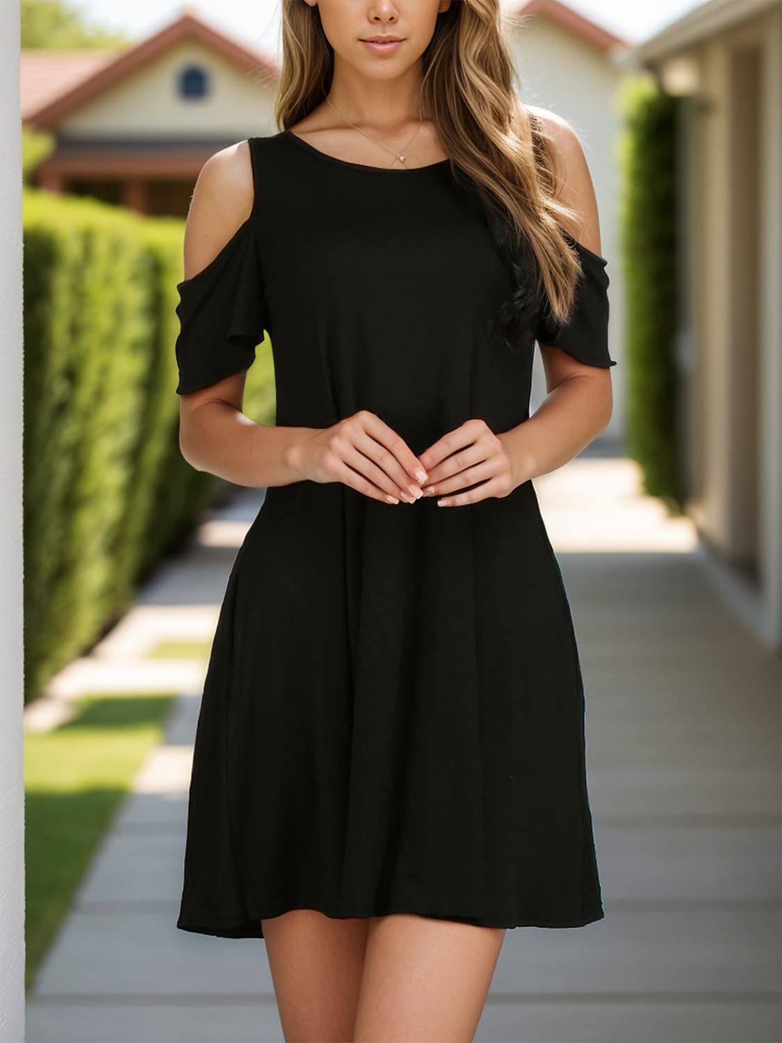 Round Neck Cold Shoulder Mini Dress.