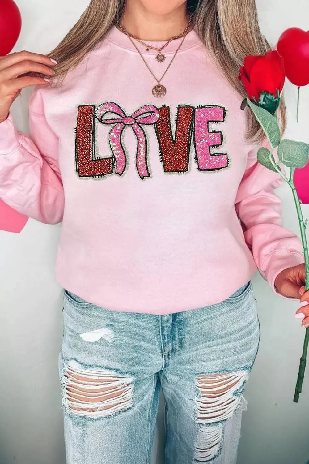 Bow Love Sequin Pattern Valentine Sweatshirt Simply Love