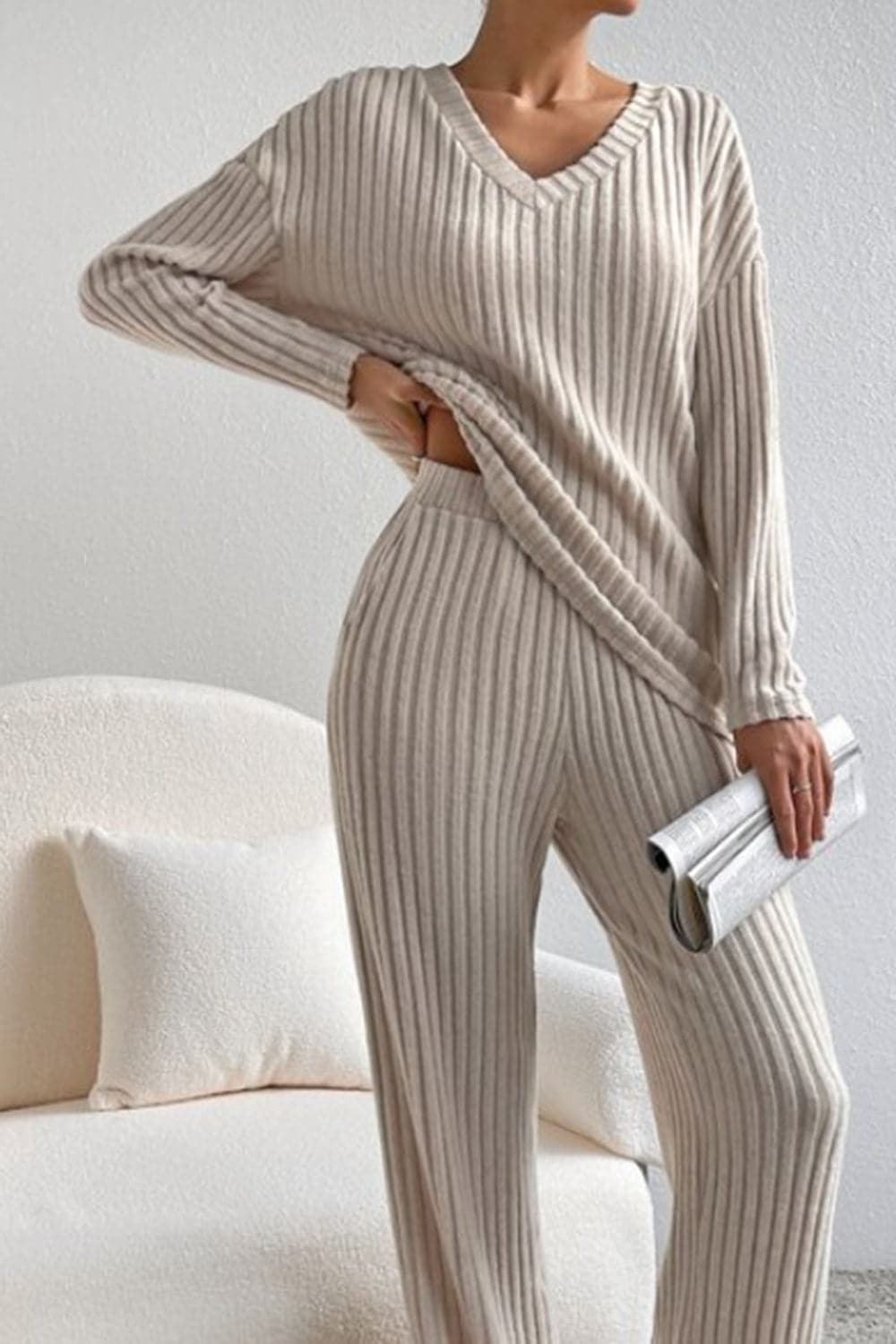 Ribbed V-Neck Top and Pants Set.