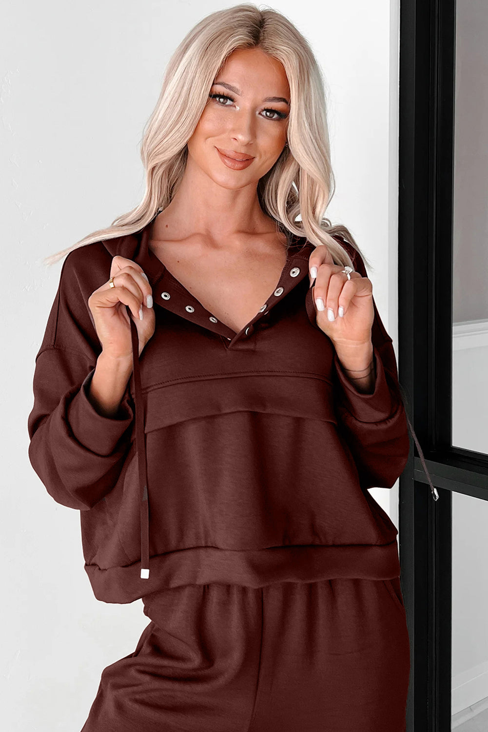 Chicory Coffee Button Drawstring Cropped Hoodie Jogger 2pcs Set Dear-Lover Dropshipping