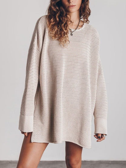 Openwork Round Neck Long Sleeve Slit Sweater.