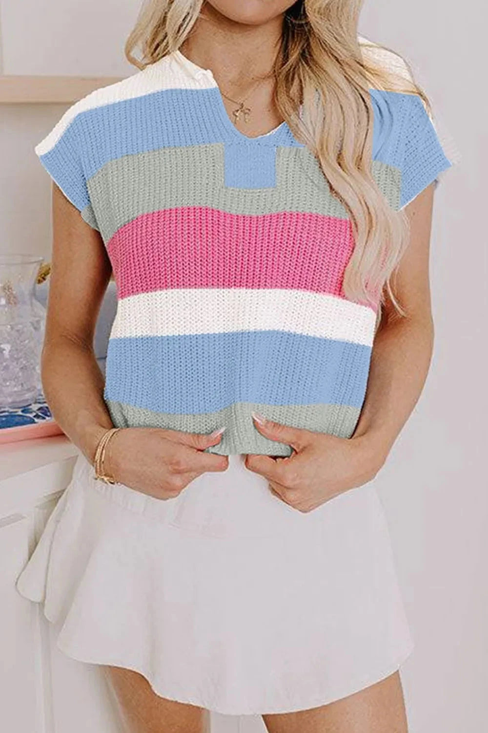 Color Block Notched Cap Sleeve Knit Top Simply Love