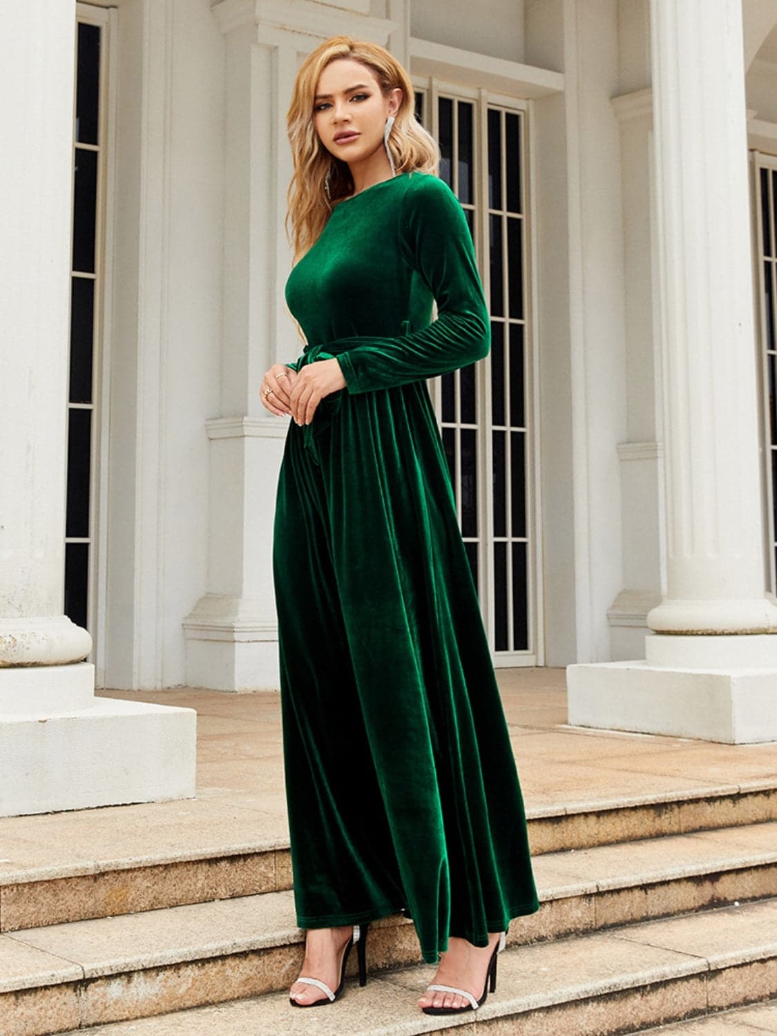 Tie Front Round Neck Long Sleeve Maxi Dress.