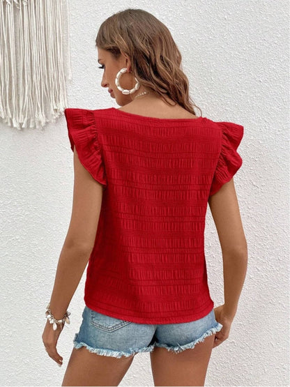 Ruffled Square Neck Cap Sleeve Blouse.