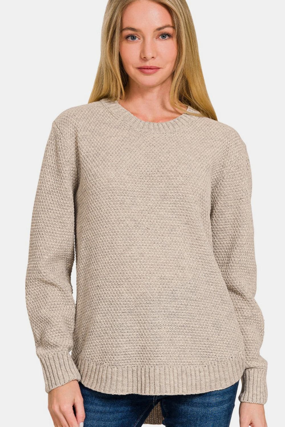 Zenana Ful Size Round Neck Long Sleeve Curved Hem Sweater.