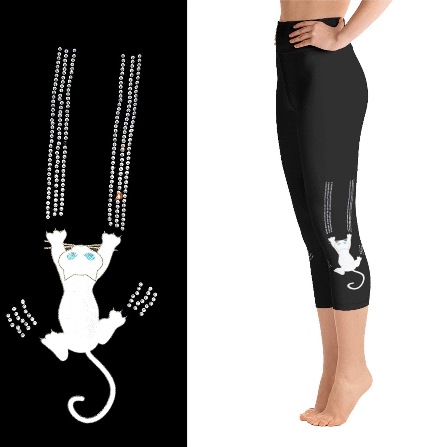 Black Cat Claw Scratch Capri Leggings Rhinestone and Glitter - Black / Cat Print / Cat Lover / Cat Pants / Cat RTS MM