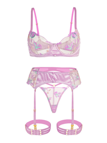 Mesh Embroidered Floral Lingerie Set with Garter Belt