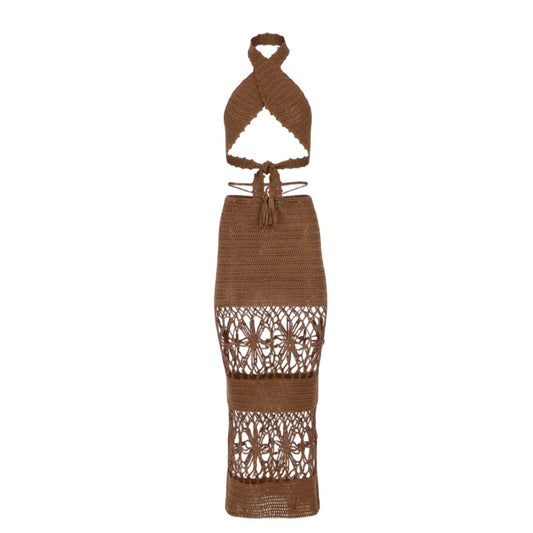 Amaya Crochet Two Piece Set in Sahara with Floral Cutouts and Adjustable Waist Tie - Love Salve 
