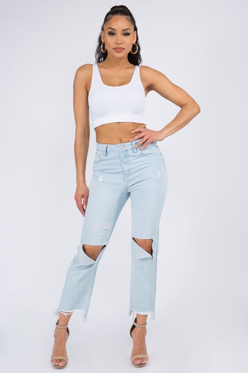 American Bazi High Waist Distressed Raw Hem Jeans for Women - Love Salve 