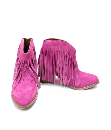 Amos Fringe Ankle Bootie in Magenta Suede - Product detail view 110 Fashion Boots by Naughty Monkey