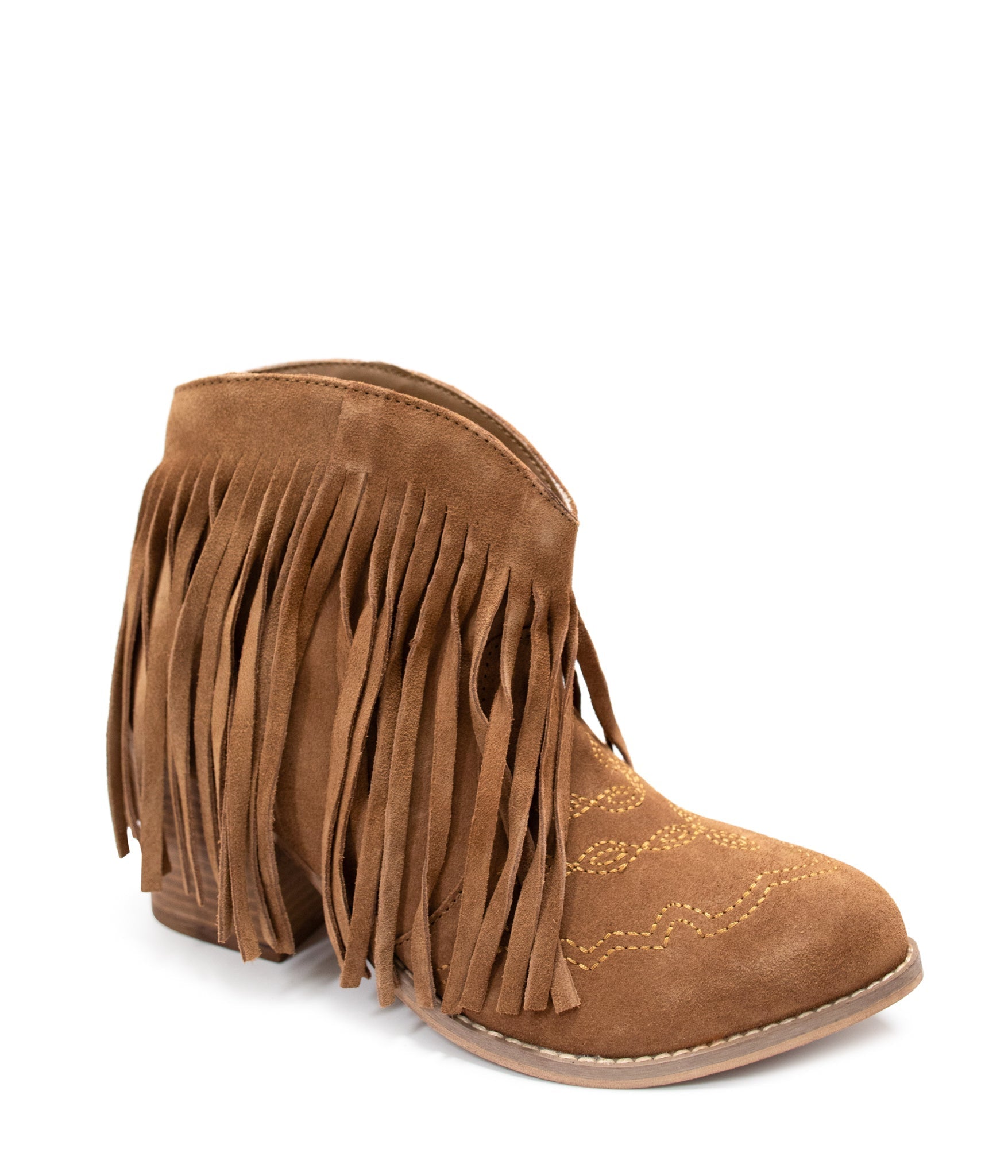 Amos Fringe Ankle Bootie Tan Suede Western Stitch Detail Naughty Monkey