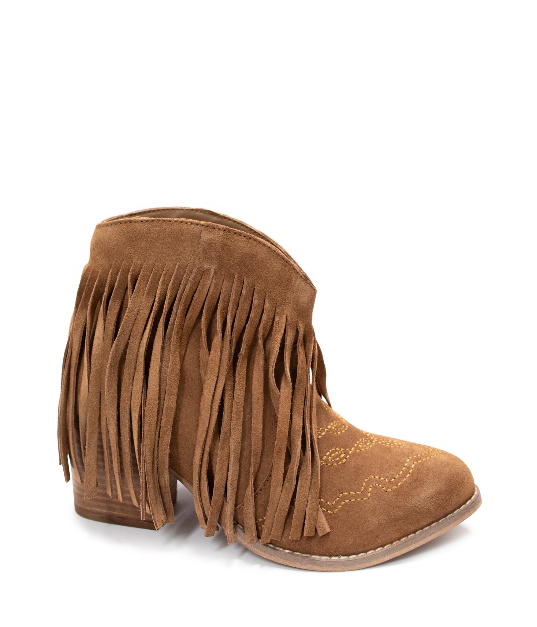 Amos Fringe Ankle Bootie Tan Suede Western Stitch Detail Naughty Monkey