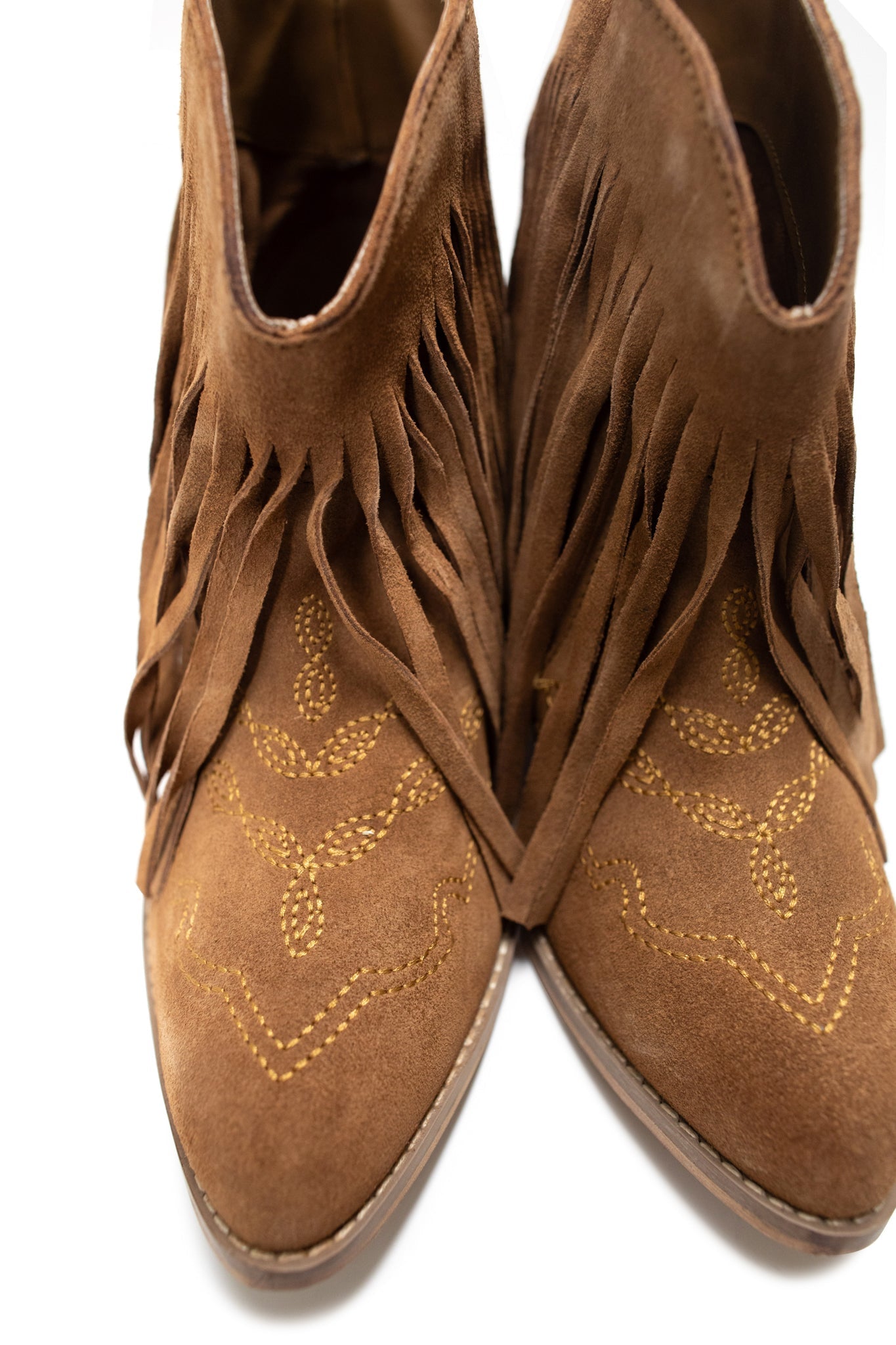 Amos Fringe Ankle Bootie Tan Suede Western Stitch Detail Naughty Monkey