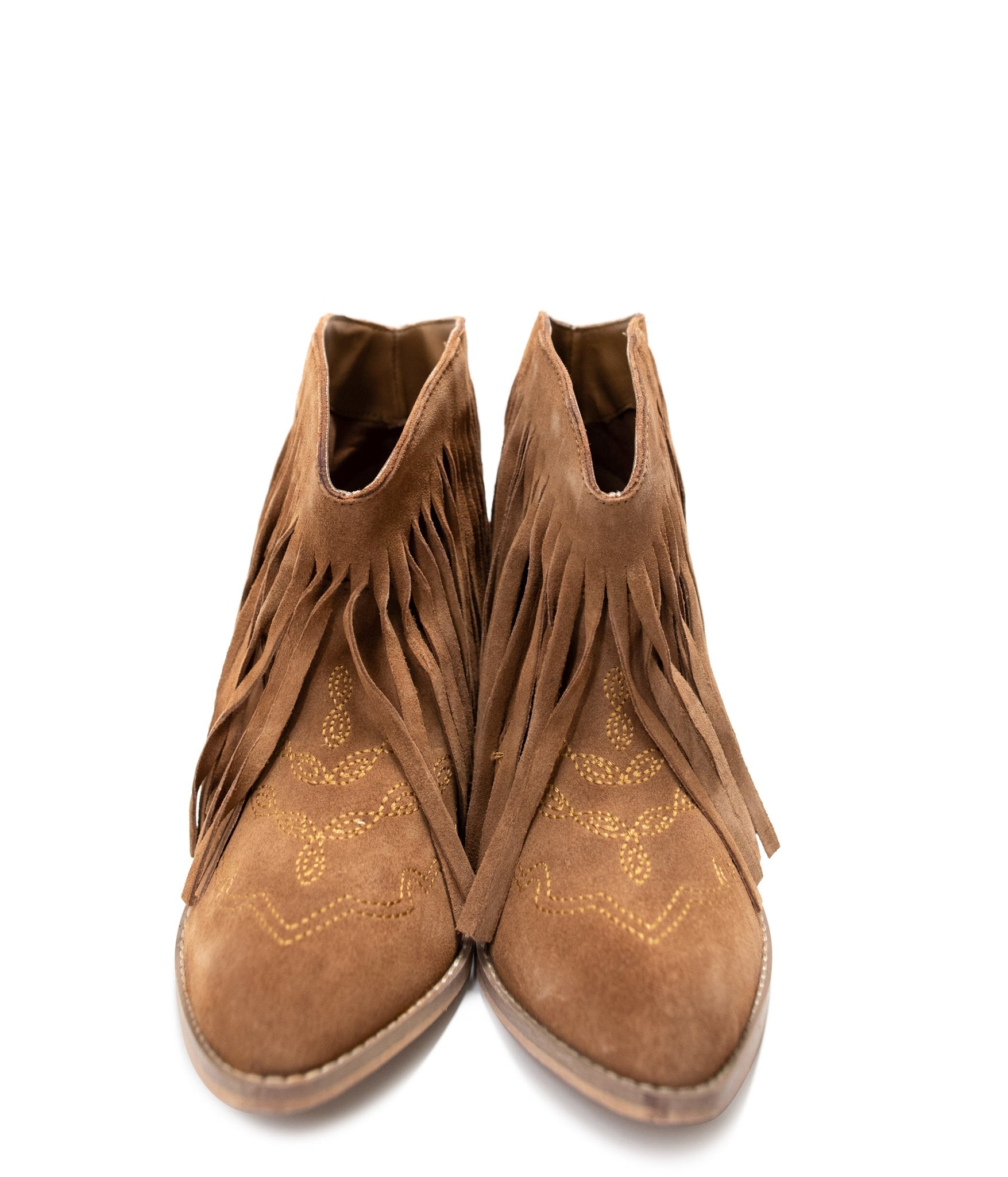 Amos Fringe Ankle Bootie Tan Suede Western Stitch Detail Naughty Monkey