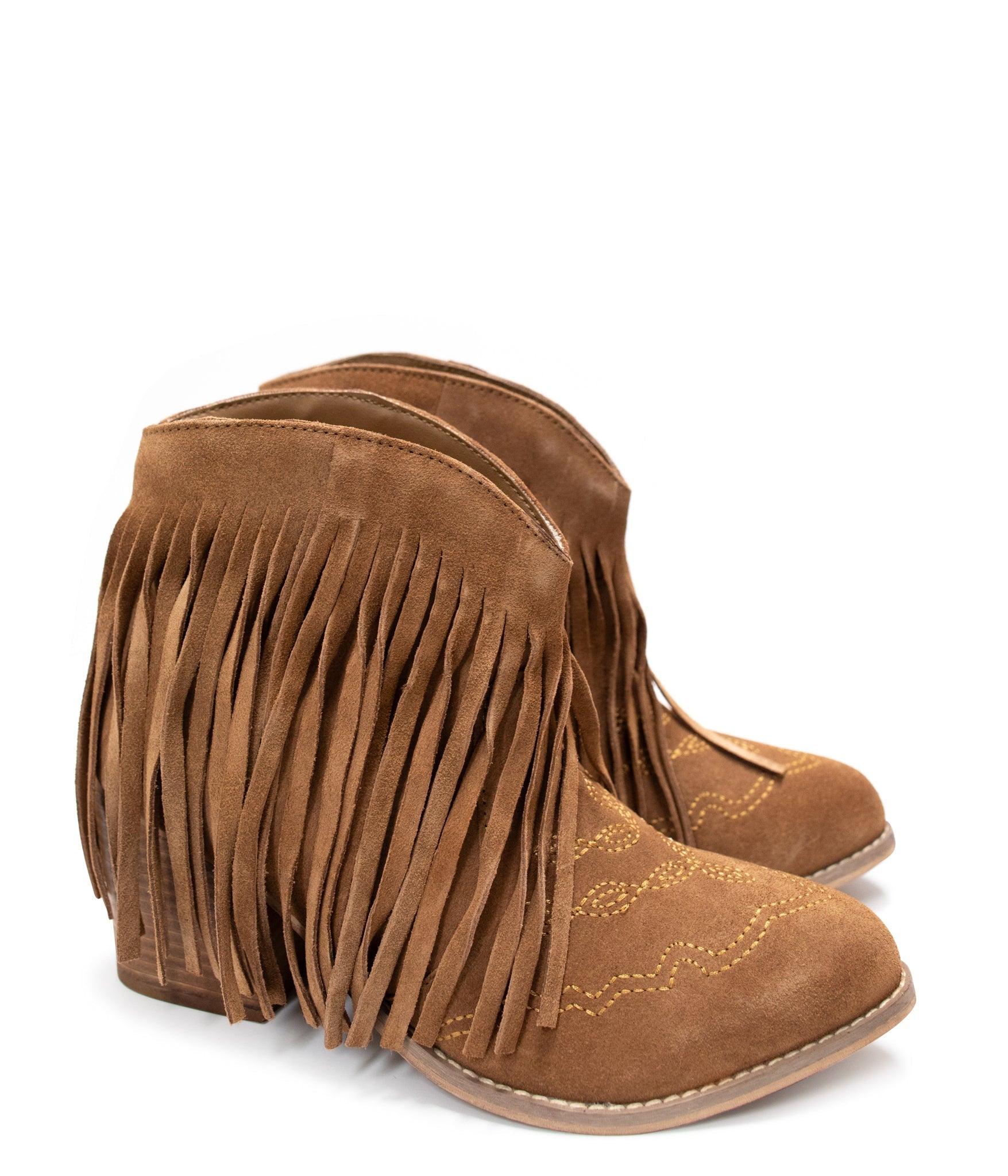 Amos Fringe Ankle Bootie Tan Suede Western Stitch Detail Naughty Monkey