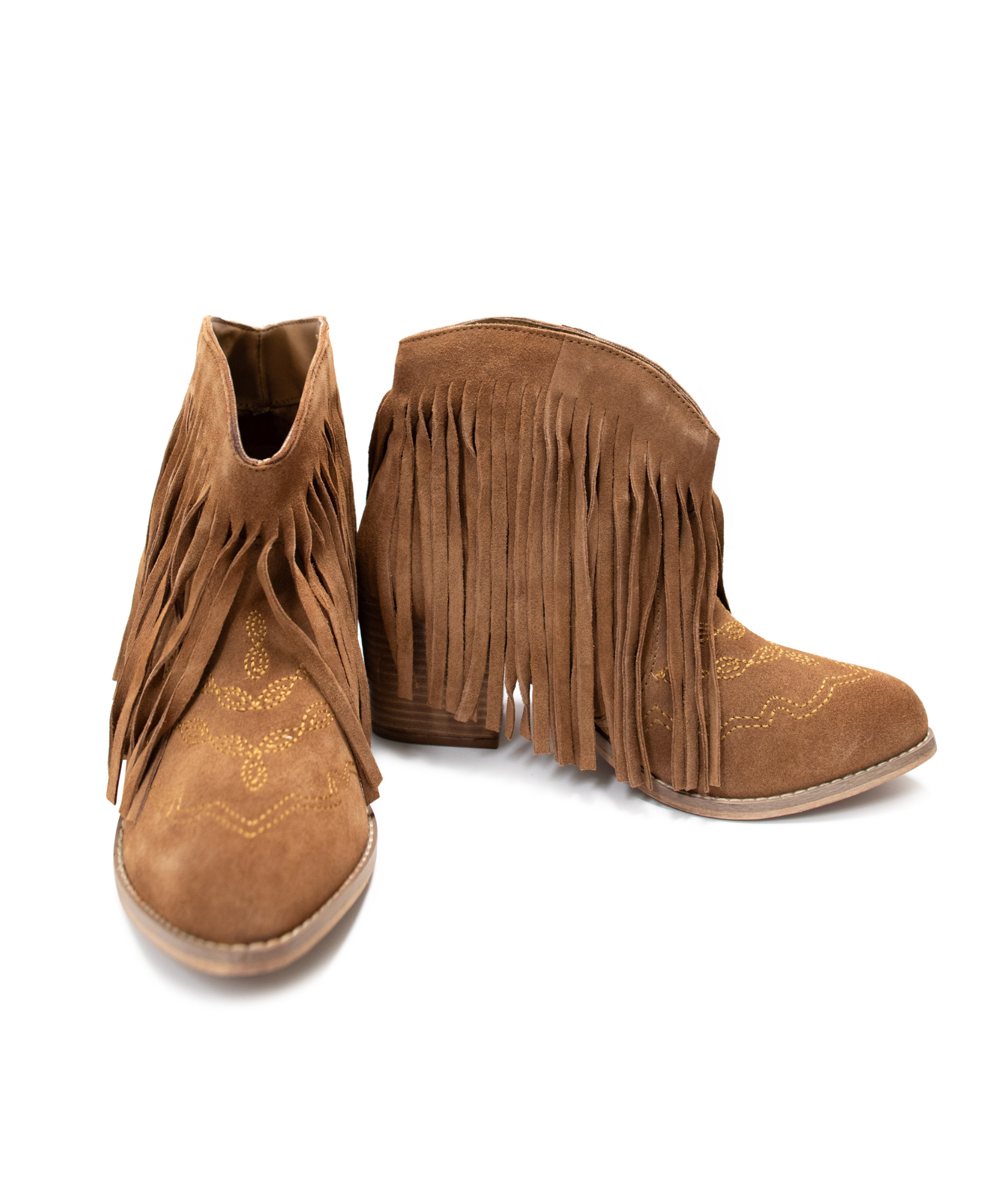 Amos Fringe Ankle Bootie Tan Suede Western Stitch Detail Naughty Monkey