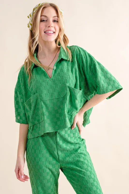 And The Why Brushed Texture Checker Board Pattern Casual Top - Love Salve 