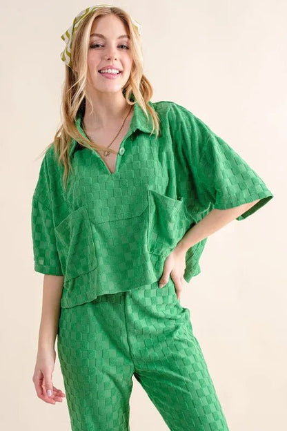 And The Why Brushed Texture Checker Board Pattern Casual Top - Love Salve 