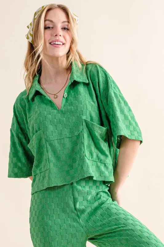 And The Why Brushed Texture Checker Board Pattern Casual Top - Love Salve 