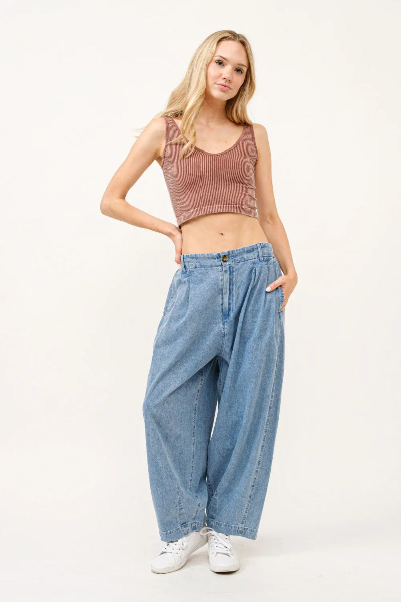 And The Why Elastic Back Pleated Baggy Jeans for Women - Love Salve 