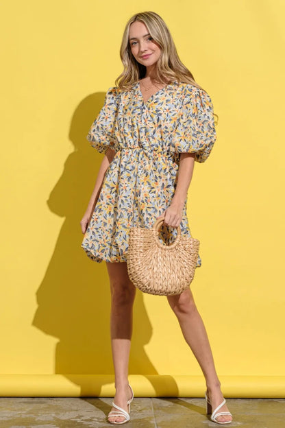 And The Why Full Size Floral Surplice Puff Sleeve Dress - Love Salve 