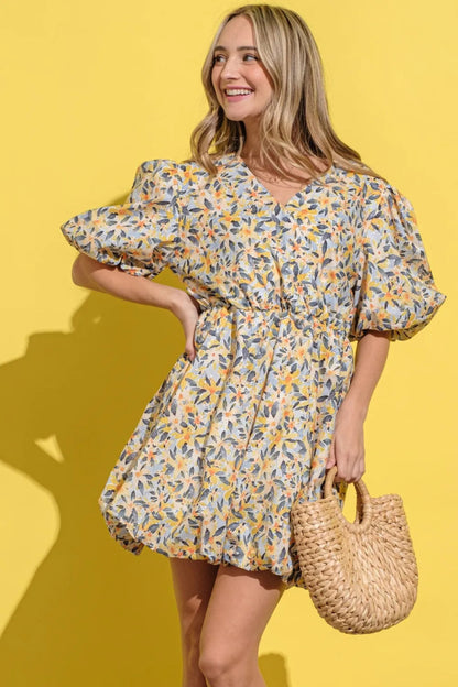 And The Why Full Size Floral Surplice Puff Sleeve Dress - Love Salve 
