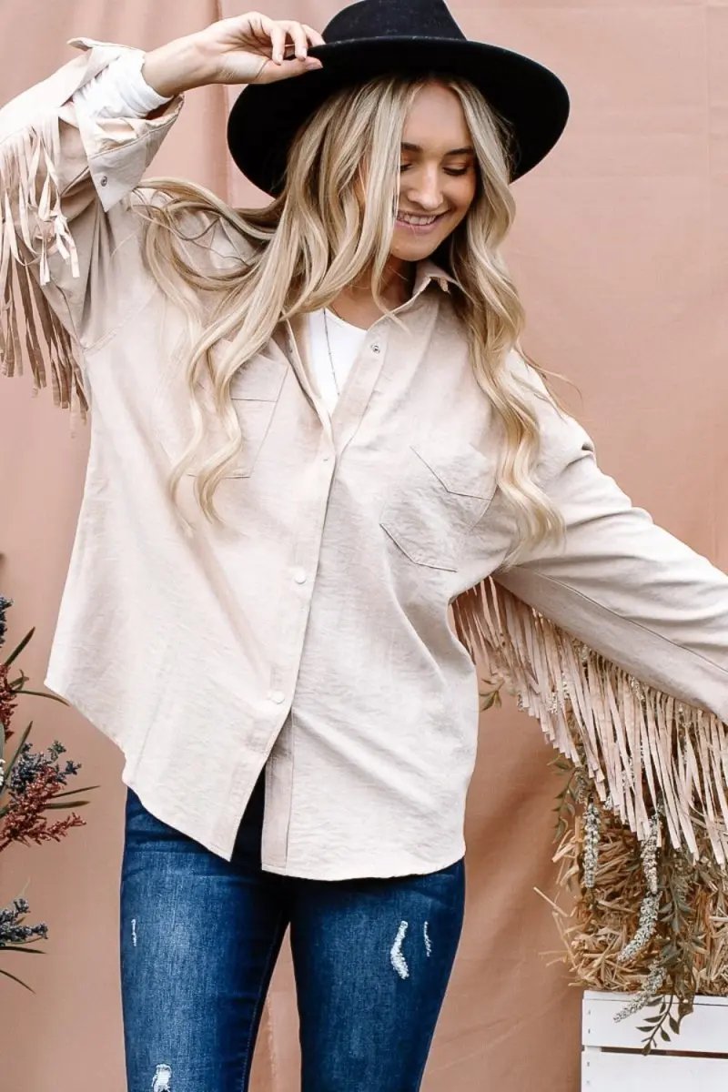 And The Why Full Size Fringe Back Detailed Button Down Shacket - Love Salve 