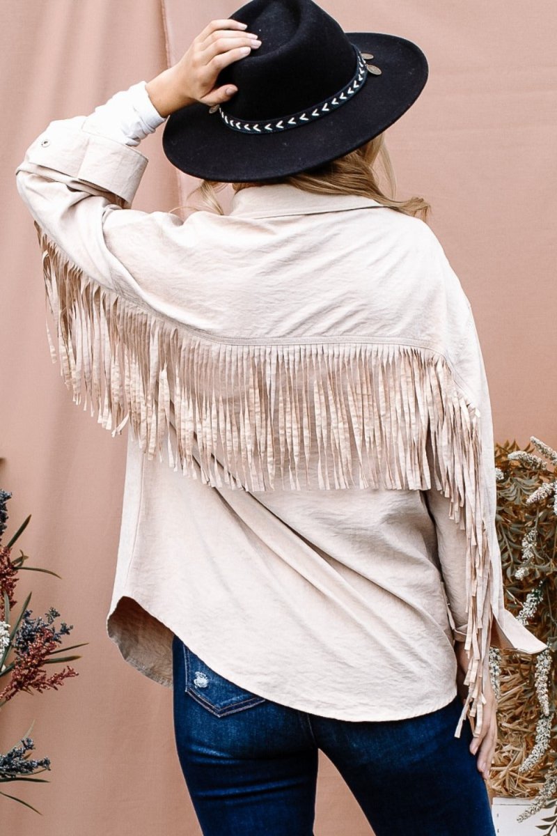 And The Why Full Size Fringe Back Detailed Button Down Shacket - Love Salve 